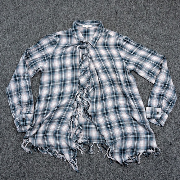 Willow & Clay Boho Frayed Hem Plaid Shirt M Blue Pink Fringe Western Grunge Top — photo 2